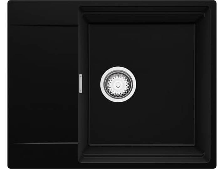 PRIMAGRAN Spülbecken ab 50er Unterschrank + Ablauf-Set, 62x50cm Set: Ablauf-Set (Siphon, Ablaufgarnitur, Überlauf) + Granitspüle 1 Becken - San Francisco Level, Schwarz