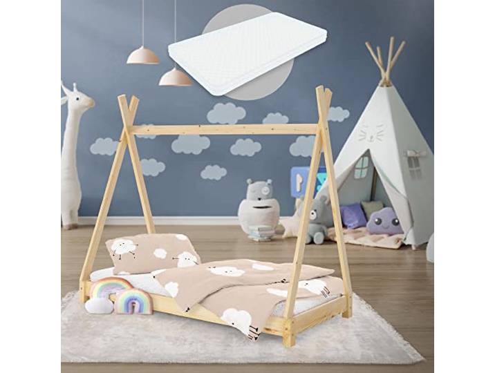 ML-Design Kinderbett Tipi 70x140 cm Natur mit Matratze & Lattenrost, Indianer Bett aus Kiefernholz, Hausbett für Mädchen & Jungen, Bodenbett Kinderhaus Jugendbett Holzbett Bettenhaus Spielbett Zelt