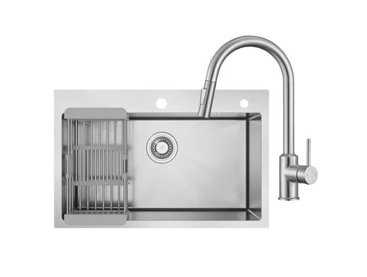 CECIPA 70 x 45 cm Küchenspüle mit Bogen, abnehmbarer Wasserhahn, Küchenspüle, 1 Edelstahl-Badewanne, mit Geschirrspülkorb, für 70 cm Unterschrank