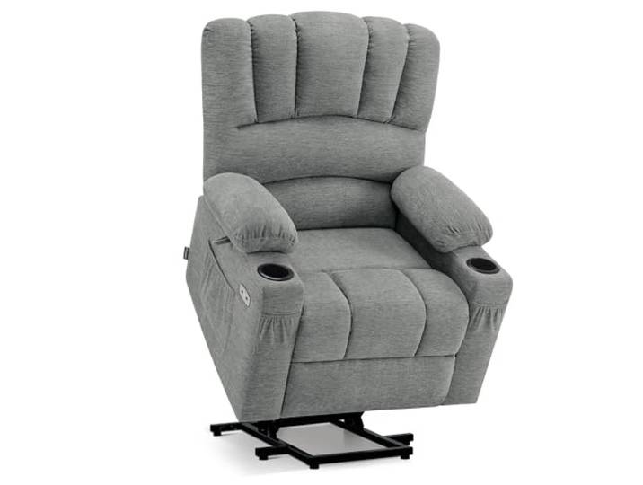 M MCombo Fernsehsessel mit Aufstehhilfe Elektrisch, Verbreiterte Rückenlehne Sessel mit Aufstehhilfe, Massage & Heizung, Relaxsessel mit Liegefunktion bis 145° USB 7102 (Stoff, Grau)