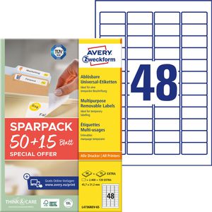 Zweckform Universaletiketten L4736REV-65, weiß, 45,7 x 21,2mm, ablösbar, 65 Blatt, 3.120 Stück