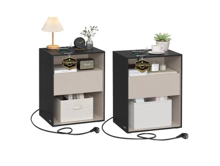 VASAGLE Nachttisch 2er Set, mit Ladefunktion Nachtschrank, mit Schublade, für Schlafzimmer, KADIN Kollektion