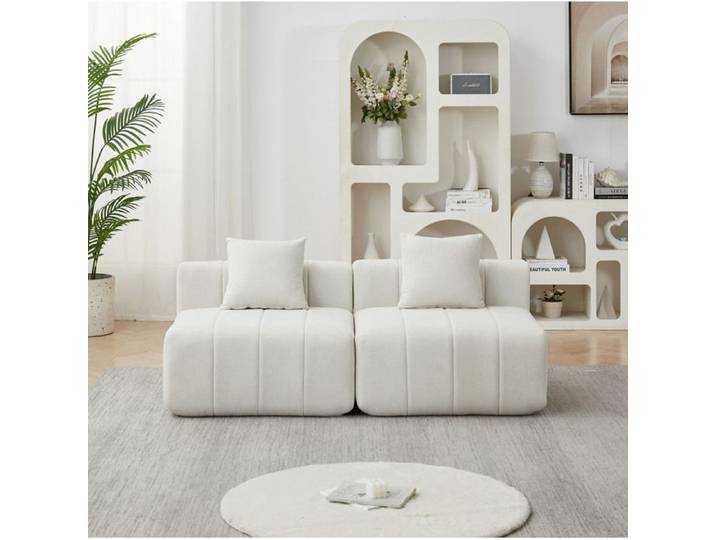MEULVA Canapé modulable 2 places beige en chenille 2 modules carrés et 2 coussins