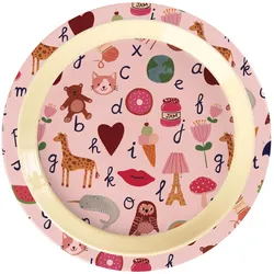 RICE Melamin Kinderteller - Bunter ABC Print, H 2 cm Ø 22 cm, pink