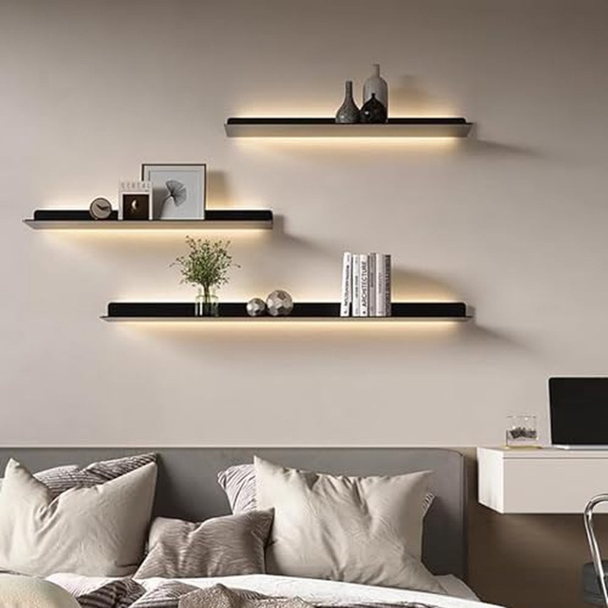 Set van 2 Zwevende Wandplanken met Ingebouwde LED-verlichting - Zwart