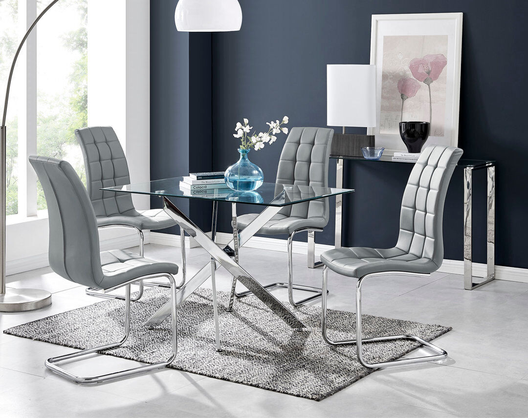Canora Grey Lenworth Chrome and Glass Rectangular Dining Table Set with 4 Modern Faux Leather Chairs Elephant Grey 4