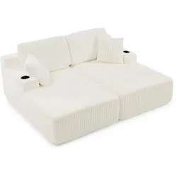 OKWISH 2-Sitzer Schlafsofa Lounge Sofa Kord Beige 78x154x186 cm mit Getränkehalter Magazintasche abnehmbaren Kissen, flexibel als Relaxsessel nutzbar