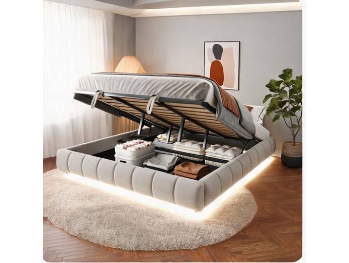 Lit plateforme 180x200 cm sans tête de lit coffre hydraulique bandeau LED blanc beige