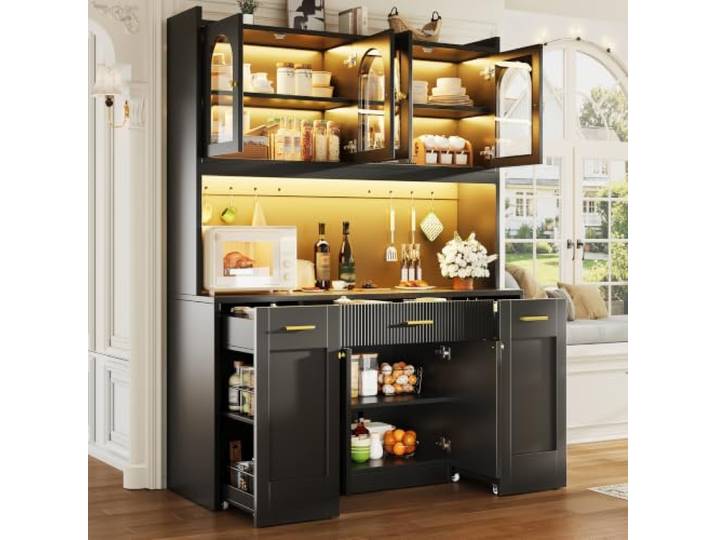 DUlVBPE Hochküchenschrank 120cm mit RGB-LED, App-Steuerung, 3 Glasvitrinen, Schubkästen & beidseitigen Roll-Ablagen, Weiß/Schwarz