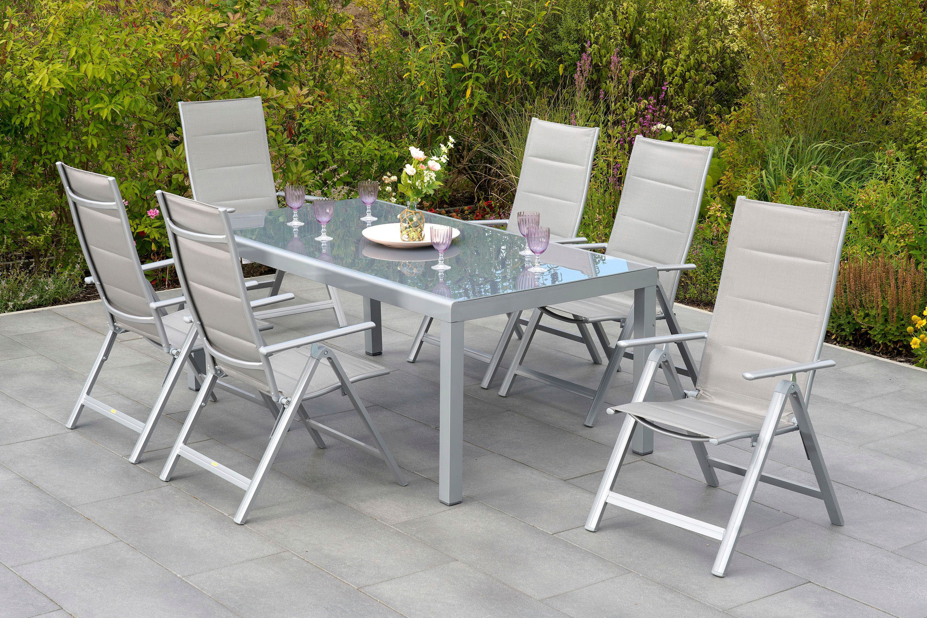 Garten-Essgruppe MERXX "Taviano", braun (silber, diamantbraun), Polyester, Aluminium, Polyester, Sitzmöbel-Sets, Garten-Essgruppe