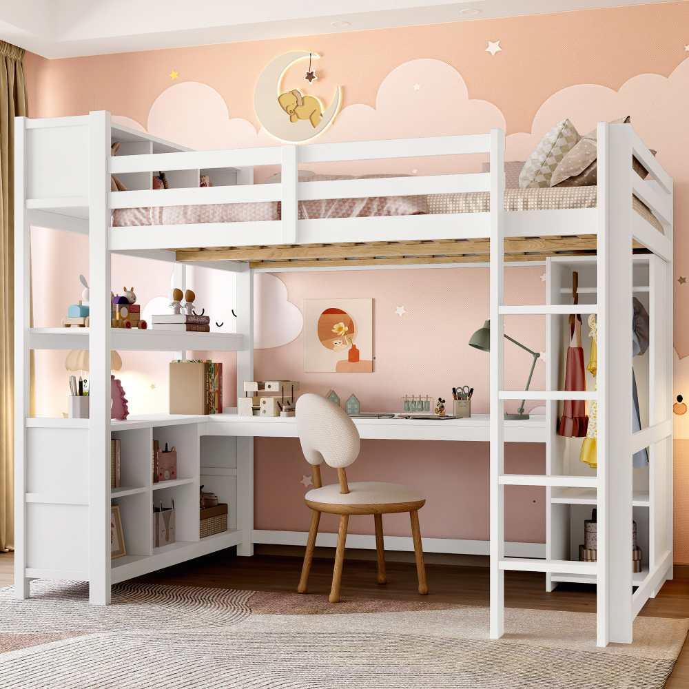 Hochbett mit Schreibtisch, Kleiderschrank und Regalen, Platzsparend und Modern, Ideal für Kinder- und Jugendzimmer, inkl. Ablagefächer, Weiß, 140x200 cm