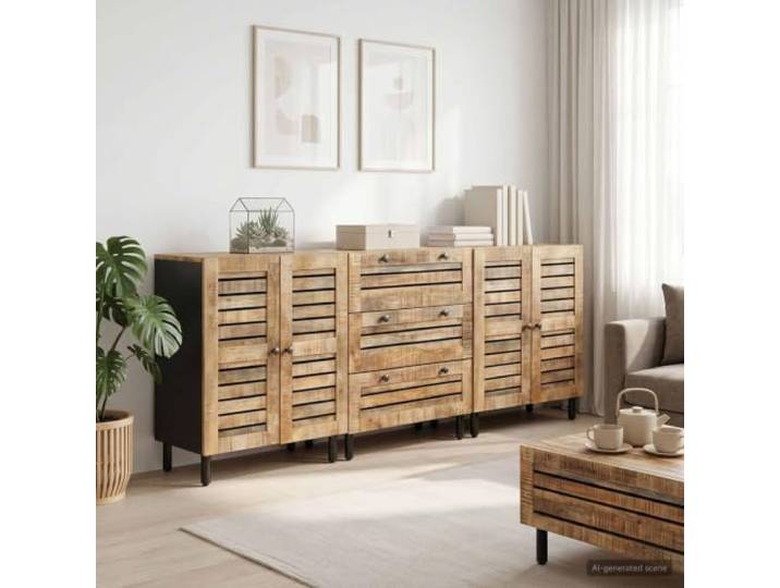 KGHFDVB Stauraumschrank 180 x 33 x 75 cm Massivholz Mango Natur 3 Tueren, Messingknoepfe, Wohnzimmer, Esszimmer, Buero, Trocken abwischbar