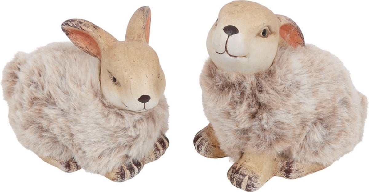 Countryfield Paasdecoratie Set van 2 Konijntjes met vacht H11.5cm