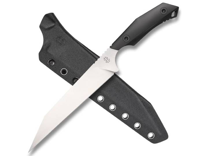 Berserk Blades YARR Feststehendes Sax Messer, Stonewashed ca. 19,6 cm lange Sheepsfoot Klinge aus rostfreiem Böhler N690, inkl. Kydex Scheide, Modernes Wikinger-Sax Design
