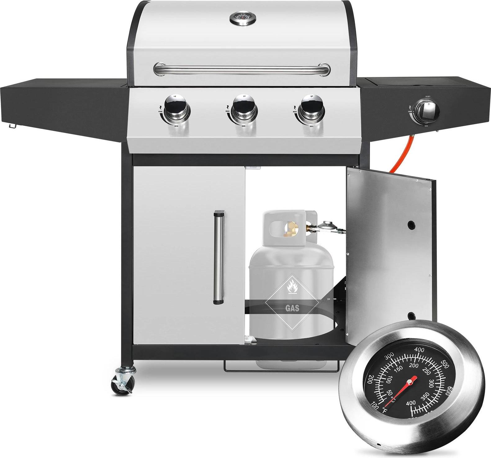 BBQ Gasgrill - 3+1 Brenner - 24.000 BTU - Erdgas - Edelstahl, Porzellanemailliert - Grillwagen mit Seitenbrenner und Seitentisch - Silber