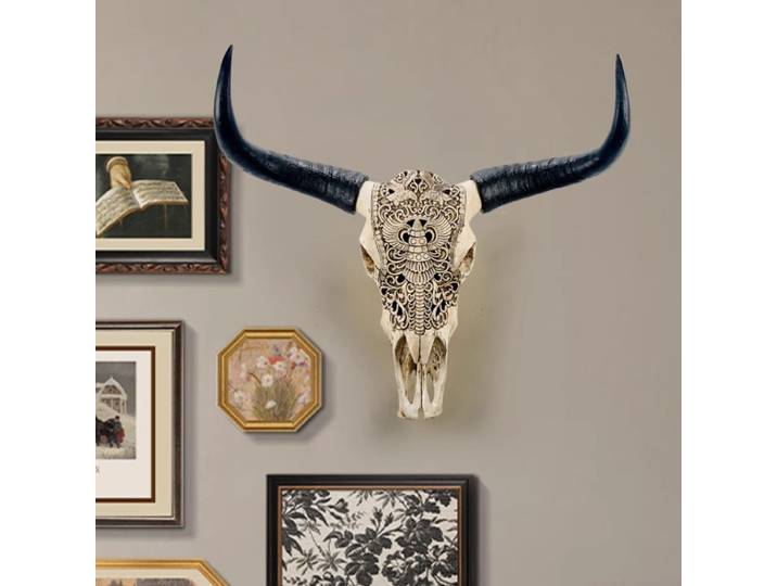 Décoration murale tête de taureau en résine, Sculpture rétro d'animal Faux réaliste, Art mural de salon, arrière-plan de télévision, Accent mural de Restaurant