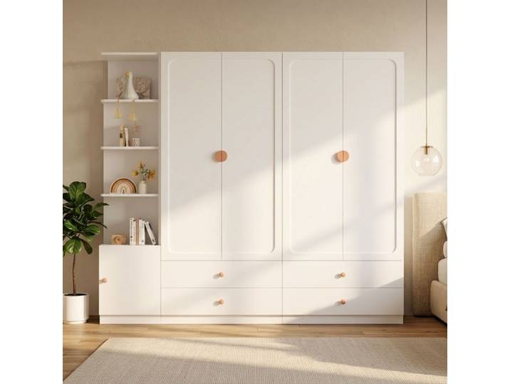Grande armoire 225x45x200cm blanche avec 3 tringles à vêtements 4 tiroirs et armoire latérale multifonctionnelle