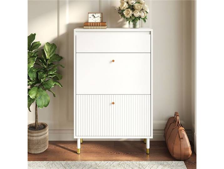 Meuble à chaussures d'entrée design étroit tiroir intégré et pieds métalliques cylindriques