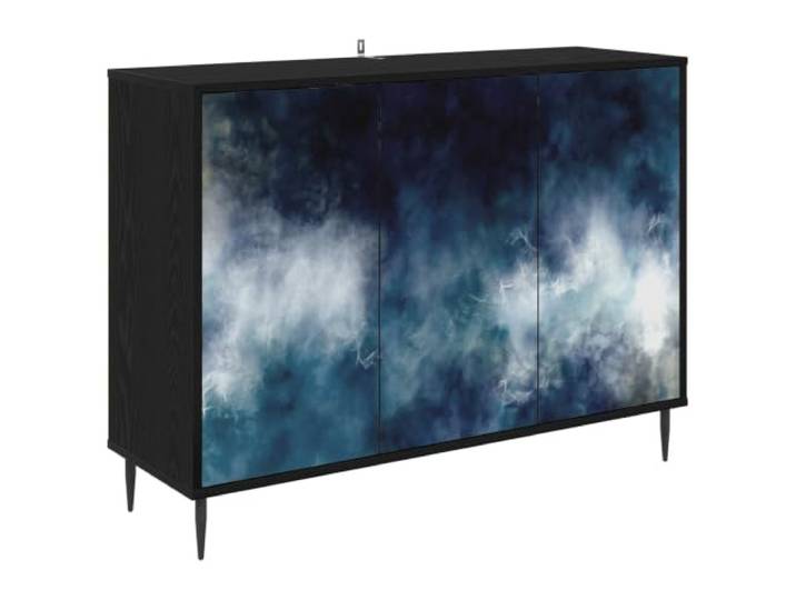 Foknhdi Sideboard RAALTE Kommode mit 3 Türen Eichen-Optik Schwarz Dekoratives Oberflächenmuster setzt stilvolle Akzente im Wohnzimmer und Essbereich, während erhöhte Füße für Abstand sorgen.