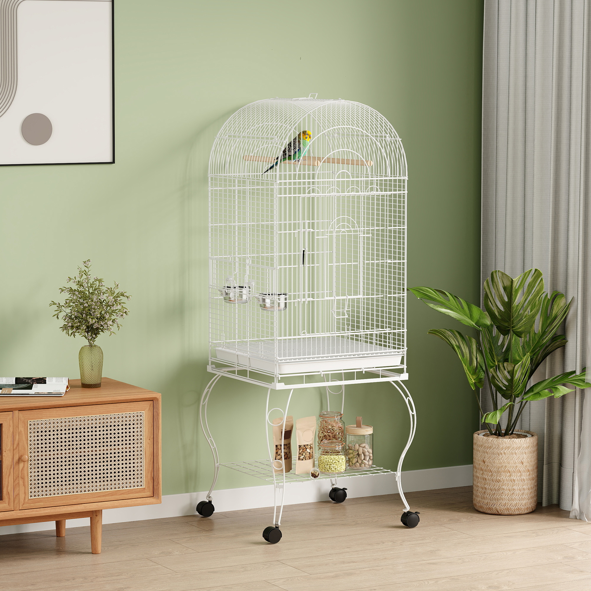Pawhut Gabbia per Uccelli con Ruote e Ripiano 51x51x153 cm con Parte Superiore Ribaltabile Ciotole e Vassoio Estraibile Bianco   Aosom Italy