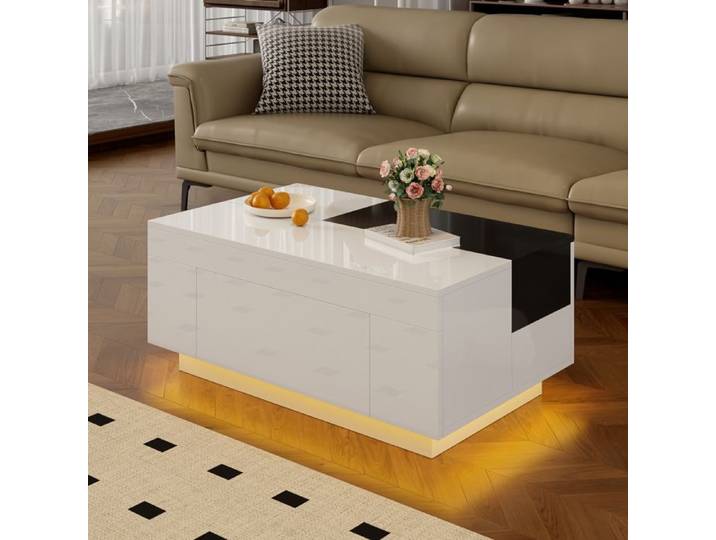 Table basse noire et blanche brillante avec LED plateau extensible et tiroir