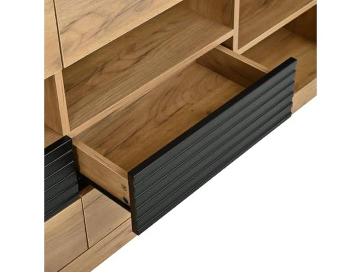 Sideboard 140x35x70cm, 6 Schubladen & Tür, MDF, Holzoptik/Schwarz MDF, Holzoptik/Schwarz, 140x35x70cm, 6 Schubladen & Tür, Soft-Close-Scharniere, Montage erFor Forderlich