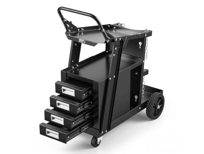 VEVOR Chariot de Soudage à 2 Niveaux Chariot Poste à Souder 4 Tiroirs Charge 120 kg​​ Roues 360° Chaînes Sécurité Stockage Réservoirs Chariot de Soudure MIG à roulettes pour Atelier Découpeur Plasma