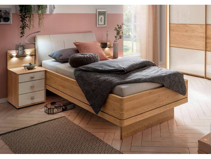 WIEMANN Bett Kiruna, Bettgestell, Bettrahmen, Eiche Nachbildung, Polsterkopfteil (4-fache Liegehöhenverstellung, MADE IN GERMANY), Polsterkopfteil aus Kunstleder, verschiedene Größen, in Komforthöhe