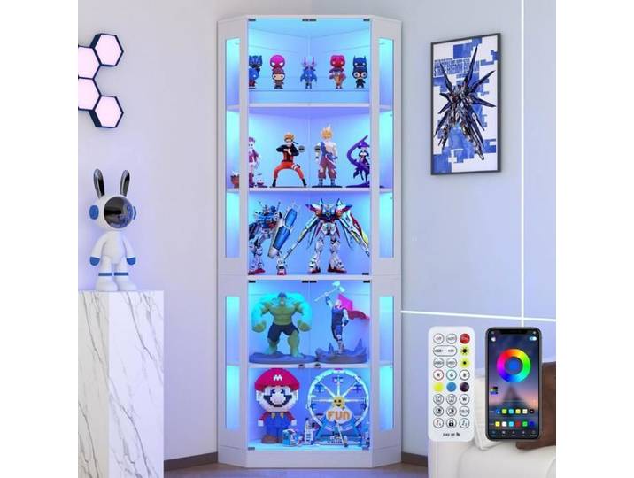 Vitrine d'Angle Verre - Meuble Exposition -VOWNER- Étagère Rangement LED 5 Niveaux - Meuble Figurine Collection - Blanc