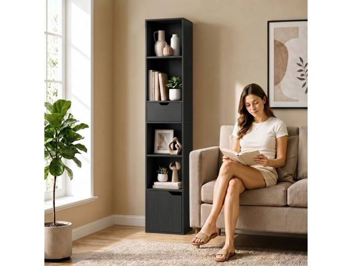 ULEVR bibliothèque étroite 6 niches avec tiroir placard et étagère réglable 30 x 24 x 158 cm noir