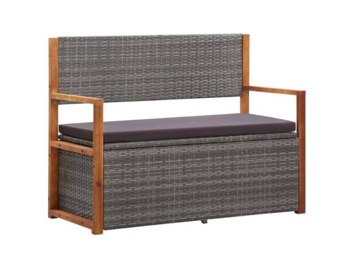 Aufbewahrungsbank mit Stauraum 115 cm Poly Rattan Massivholz Akazie Grau Stauraum unter Sitzfläche, abnehmbares Sitzkissen, wetterfest für Terrasse und Garten