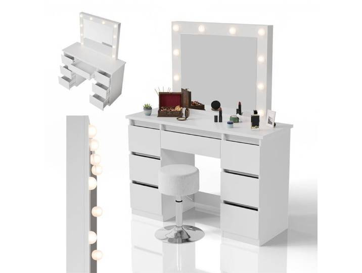 Coiffeuse Talea avec miroir LED et tabouret Tonia – Table de maquillage avec rangement meuble beauté chambre
