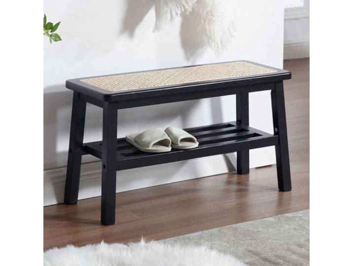 Wahson Banc à Entrée Moderne et Rétro Banc à Chaussures Banc de Rangement avec Étagères Banc Bois et Rotin pour Salon Noir
