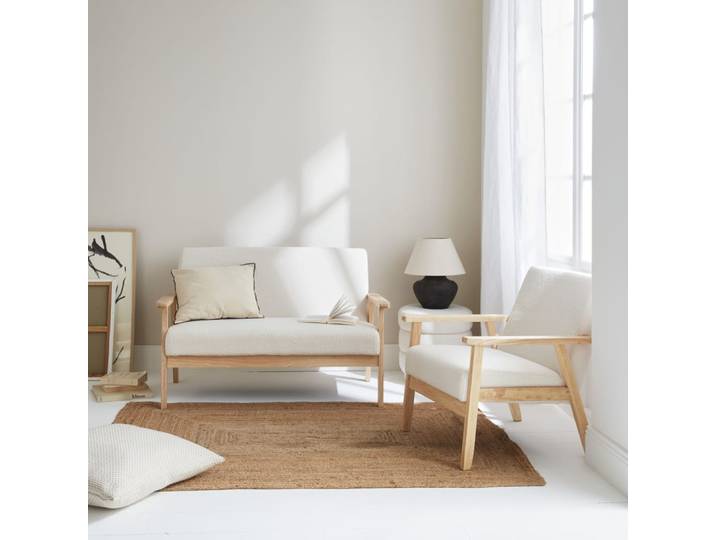Banquette et fauteuil scandinave bois et tissu bouclette