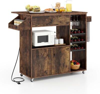 Costway Drop Leaf Mobile Kitchen Island Cart with Power Outlet and Adjustable Shelf-Rustic Brown