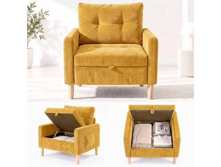 Fabulcozy Einzelsofa aus Cord mit Stauraum, Armlehnen und Seitentasche, Füße aus Gummibaumholz, Sessel für Wohn- und Schlafzimmer
