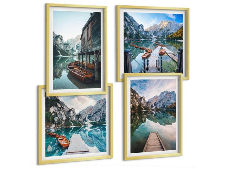 BILDER SET 4er Set - 50x50 cm & 40x60 cm Goldrahmen - See Berge Holzboote