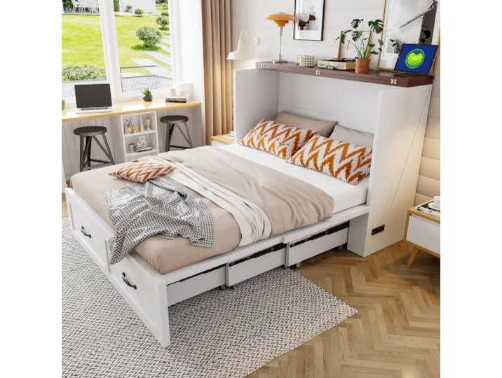 Merax Klappbett 140x200 cm ausziehbar mit Stauraum, EU-Steckdose & leisen Rollen, Gewölbtes Profil‑Panel – Weiß (Ohne Matratze)