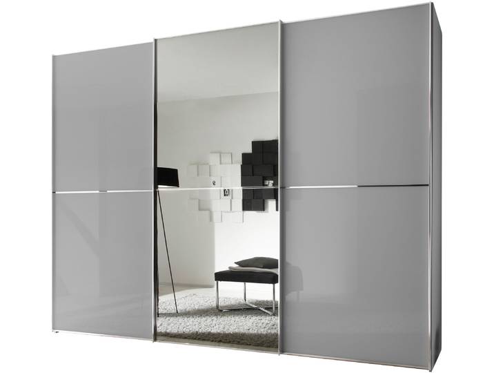 Schwebetürenschrank, Holzwerkstoff, Hellgrau, 280×222×68 cm, Mit Glas-Spiegel-Front, Modern, Staud