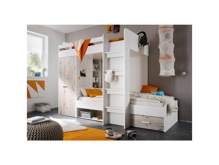 P & B Etagenbett, Weiß, Eiche, 90x200 cm, Bettkasten, Kinderzimmer & Jugendzimmer, Kindermöbel, Kinderbetten, Etagenbetten