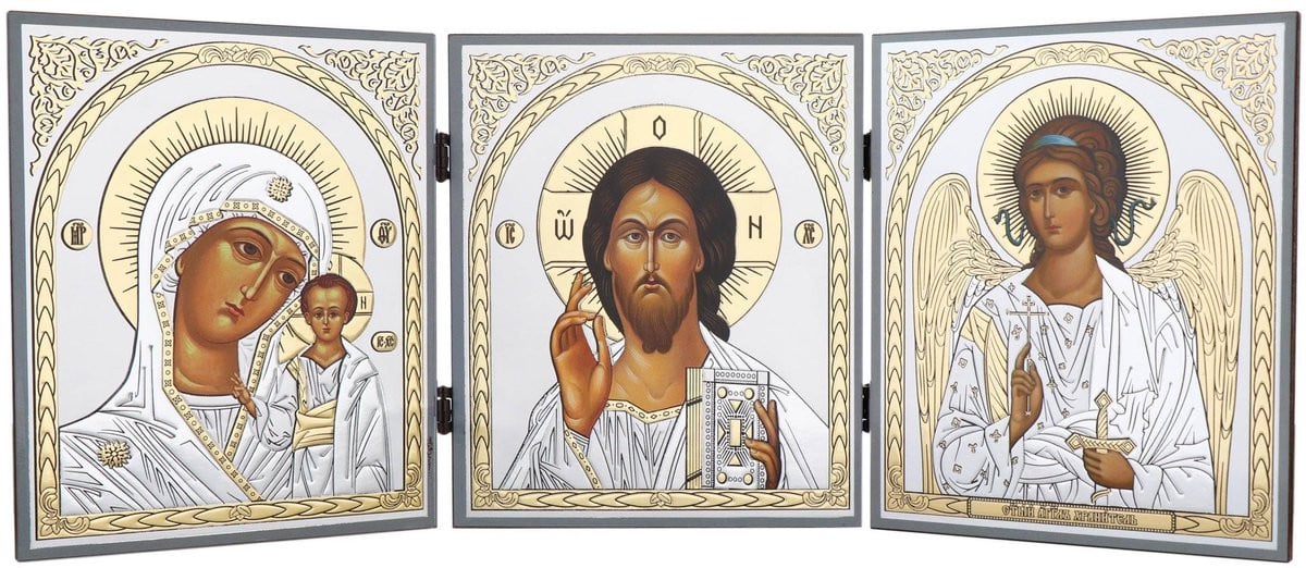Dailygoods Icoon Drieluik Godsmoeder van Kazan, Jezus Christus en Beschermengel, 18 x 46 cm