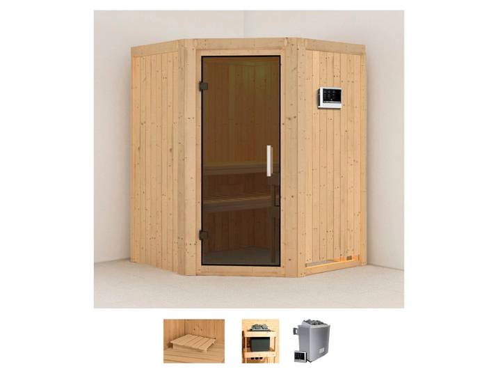 Sauna KARIBU Larin , beige (naturbelassen), Saunaofen, externe Steuerung, 9 kW, Saunen, Sauna, Ofen 9 KW externe Strg easy