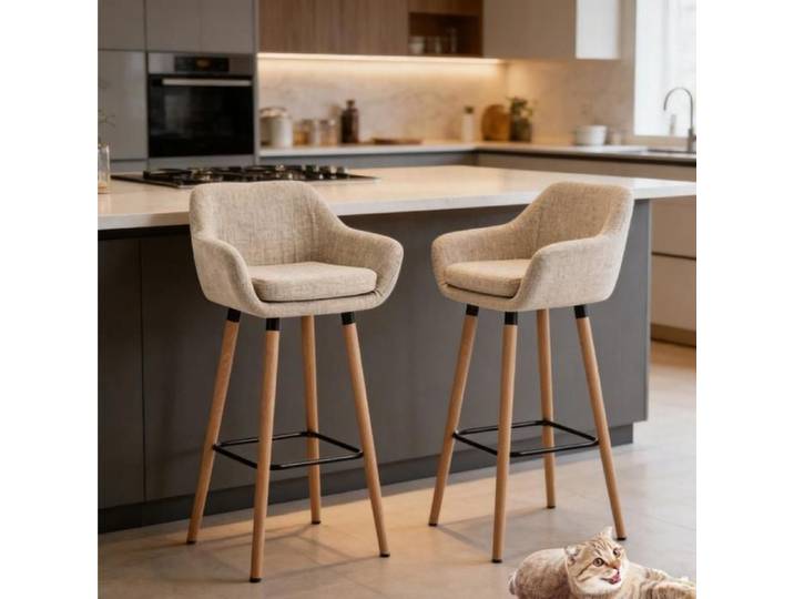 Lot de 2 Tabouret de bar en bois massif-MENGDA-Tissu-Convient aux îlots de cuisine aux bars-Beige