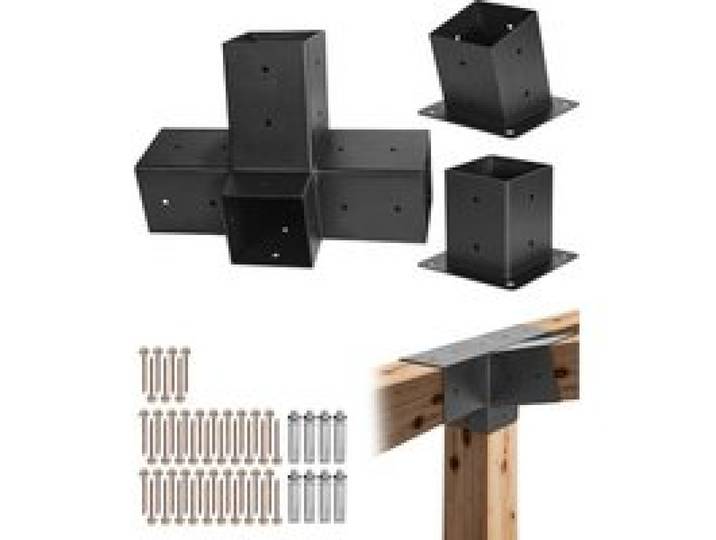 VEVOR 3x Pfostenverbinder, 4-Wege-Schräghalterung für 92 x 92 mm Pfosten, Pfostennecke aus Karbonstahl mit Pfostenträger & Wandmontagesockel, Pergola Halterung für Pergolen, Pavillons