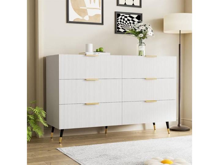 Buffet Salon Elégant Commode avec 6 Tiroirs Meuble d'entrée Moderne Poignées dorées Blanc 120x40x77cm