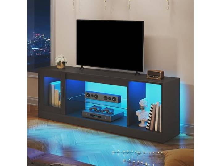 YITAHOME Schwarz RGB LED TV-Schrank, 148cm Gaming Lowboard bis 65 Zoll 7 RGB-Farben mit 22 Modi und 5-stufig verstellbare Glasablagen aus gehärtetem Glas für Gaming-Atmosphäre.