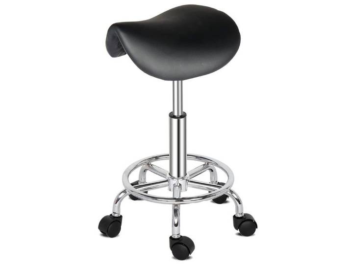 Tabouret ergonomique selle de cheval à roulettes - hauteur réglable 51-65 cm pivotant 360° assise cuir PU noir et piètement chromé