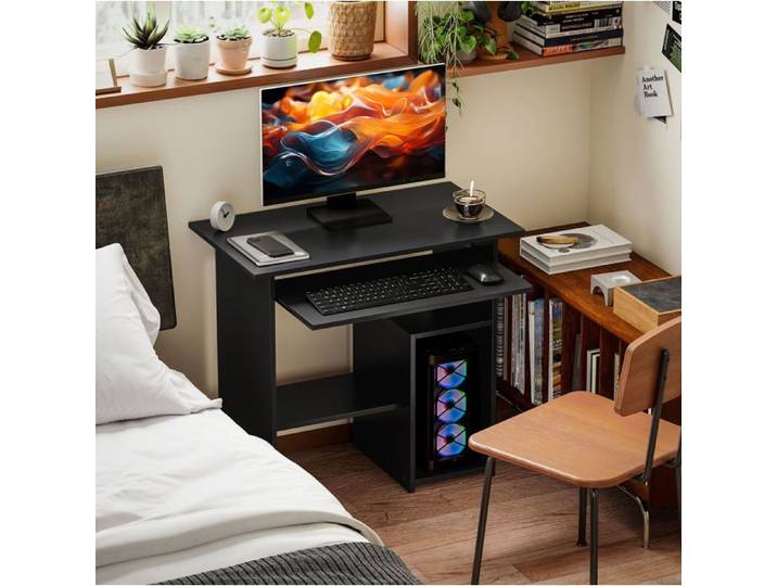 Bureau Informatique avec Tablette Clavier Compartiment PC et 2 Étagères - BEAUNIV - Noir 80×45×75 cm