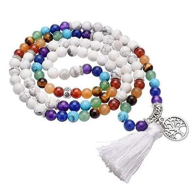 Mala 'Chakra Lebensbaum' 108 Howlith- und Chakra Edelsteine mit Metall Anhänger