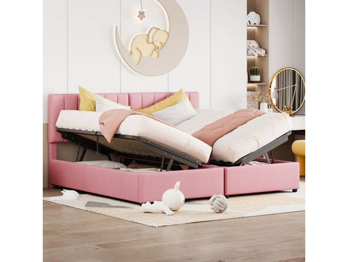 Lit adulte 180x200 cm - MODERNLUXE - Lit de rangement - Sommier à lattes - Rose